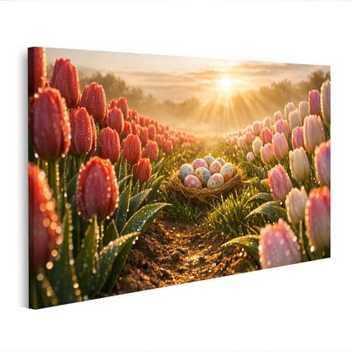 islandburner Bild auf Leinwand Majestätisches Tulpenfeld mit Ostereiern im Nest - Edition E2