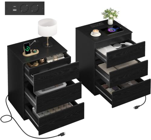 Asgolion Nachttisch 2er Set, Beistelltisch mit Steckdosenleiste, mit versteckter Schublade, 2 AC-Steckdosen, 1 USB-A-Anschluss, 1 USB-C-Anschluss, 4 Schubladen, modern, Schwarz EU25NS662B