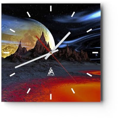 Modern Wanduhr Planeten Mond Universum 30x30cm Quadrat Klein Wand Uhr Glas Analog Zimmeruhren Küche Büro Wohnzimmer Glasuhr Wall Clock Dekoration Design Wanddekoration Küchenuhr C3AC30x30-2346
