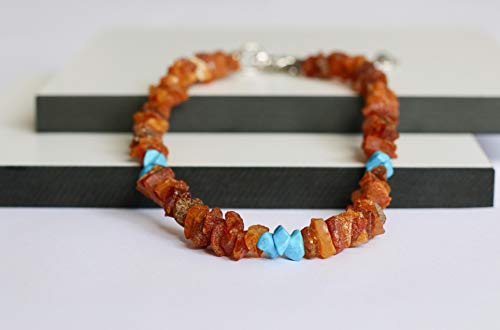 amber-us Bernsteinkette für Hunde aus Roh Baltischer Bernstein mit türkis verziert | Zeckenhalsband | Bernstein Gegen Zecken | Zecken und Flohschutz Halsband (25-30 cm)