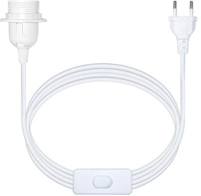 Cable Portalámparas E27 5m con Interruptor y Enchufe para Lámparas Colgantes, 5 metros Cable Casquillo E27 para Bombilla LED, Portalámparas con Arandela para Pantalla, Blanco
