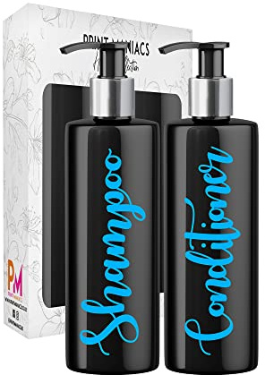 Print Maniacs 2 Set Mrs Hinch Inspired Black Personalised Dispenser Pump Bottles Shampoo Conditioner (Baby Blue)