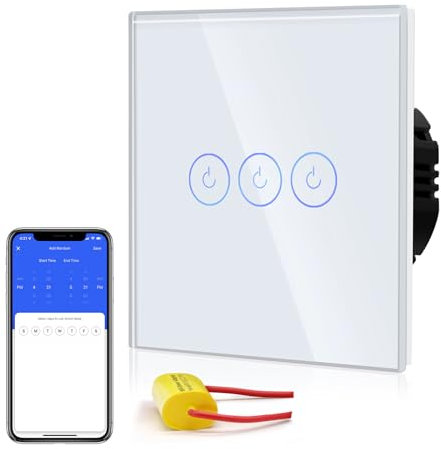 BSEED Single Live Interrupteur à capteur tactile WiFi (2,4 GHz WiFi pas de conducteur neutre nécessaire) 3 voies 1 pôle Blanc Smart Life/Tuya/Google Alexa compatible Interrupteur mural pour lumières