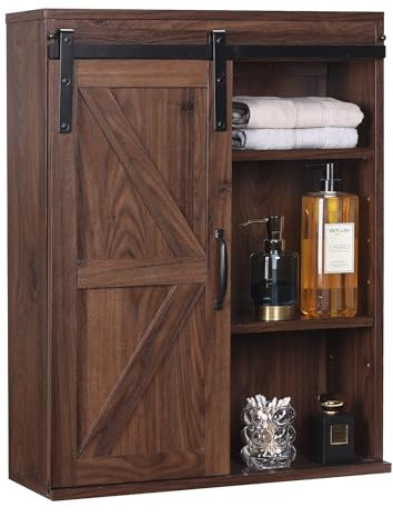 RUSTOWN Armario de baño de madera de granja con puerta corredera de granero, gabinete de medicina rústico con estante ajustable, gabinete vintage de 3 niveles para cocina, comedor, baño, sala de estar
