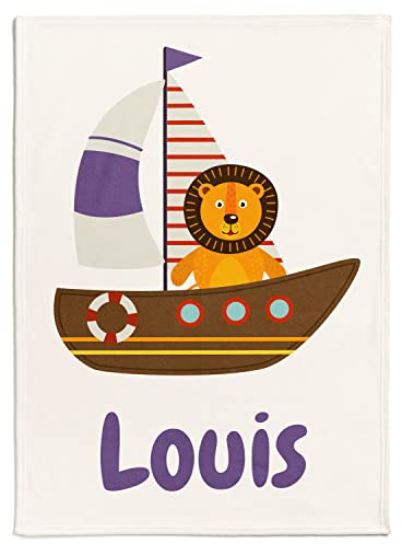 Personalisierte Babydecke mit beliebigem Namen und Motiv mit Boot mit einem Löwen | Kinderdecke mit dem Boot und eigenem Namen | Baby Decke mit Namen und einem Fahrzeug- und Tiermotiv (Schiff)