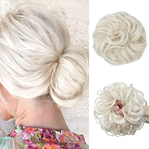 JJstar Haarteil Mit Gummiband, Groß Dutt Haarteil Gelockt Haargummi Mit Haaren Hochsteckfrisuren Haarverlängerung Messy Bun Haarteile für Damen Mädchen Pferdeschwanz (Platinblond)