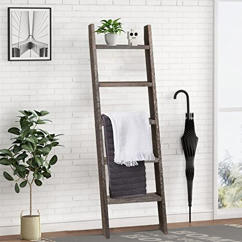Natsukage Rustic Wooden Blanket Ladder - Farmhouse Decorative Ladder Shelf for Living Room, Bathroom, Bedroom (63 x 22, Rustic Walnut)