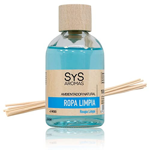 SYS Aromas Ambientador Mikado Ropa Limpia - Difusor con Varillas de Ratán - Larga Duración - Ideal para Hogar, Oficina, Baño - 100 ml con 8 Varillas