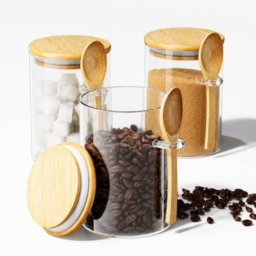 Zuckerglas Glas Salzbehälter – 425 ml transparente, luftdichte Dose mit Bambusdeckel und Löffelschaufel, Aufbewahrung über Nacht Hafer, Salz, Kaffeebohnen, Gewürz, Lebensmittel-Organizer (3 Stück)