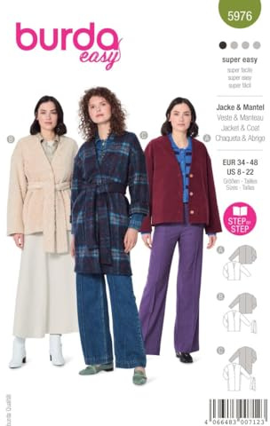 burdastyle Schnittmuster 5976, Jacken und Mantel selbst nähen, Damen Gr. 34 - 48, Anfänger Level 1