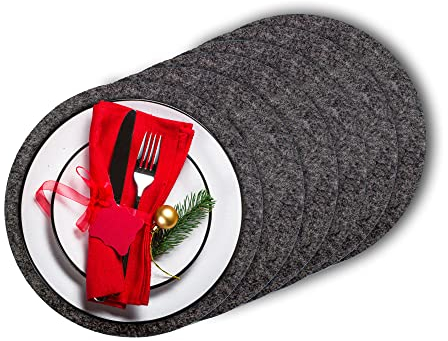 Casoro 6er Platzset aus waschbarem Filz, runde Platzmatten je Ø35cm groß, in anthrazit, edles Tischset perfekt zu jeder Einrichtung