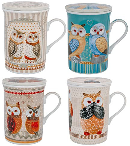 ROCKING GIFTS Tasse à thé Tisane 330 ml avec couvercle et filtre infuseur, modèle assortiment (1 unité), porcelaine dessins de hiboux, avec boîte cadeau, 11 cm