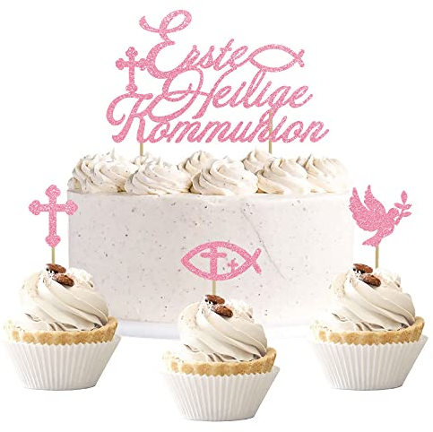 Moitkptt 13 Stück Glitzer Cake Topper Kommunion, Taufe, Konfirmation (Rose)