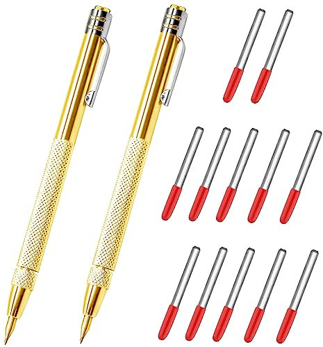 2 piezas de punta de carburo de tungsteno con 12 puntas de marcado de repuesto, herramienta de trazado de carburo magnético de aluminio con clip, bolígrafo de grabado de metal para vidrio (oro)