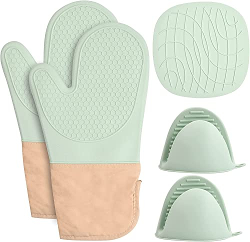 Silicone Oven Gloves + Silicone Pot Holder Set, Silicone Oven Mitts Silicone Gloves for Air Fryer Oven Gloves Heat Resistant for Kitchen