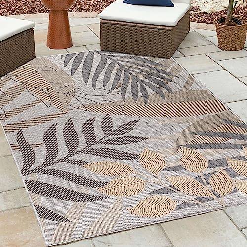 HomebyHome Outdoor Teppich Wetterfest 160x230 cm Sisal Optik Palmen Design Rechteckig Beige - Balkon Teppich Wasserfest Küchenteppich - Für Garten, Terasse, Camping, Außenbereich Teppich