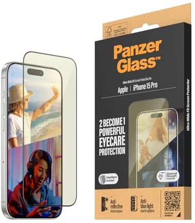 PanzerGlass™ Advanced Anti-Reflective and Anti-Blue Light Screen Protector for Apple iPhone 15 Pro, Protect Your Eyes, Protect Your Phone - Case friendly full screen protector with mounting aid