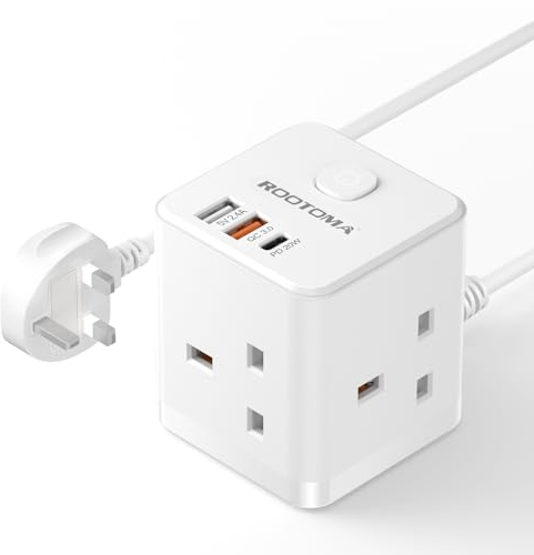 Extension Lead with USB Slots - 20W USB-C Fast Charger 3 Way Plug Extension with 4 USB (QC3.0/PD20W), Compact Cube Extension Lead for Home, Office, Dorm Room, 2M, 13A/3250W