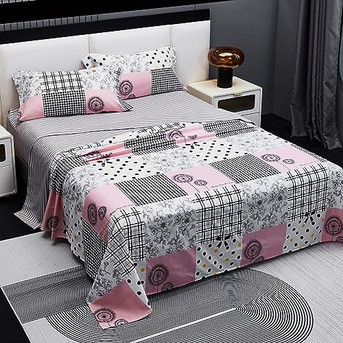H HANSEL HOME Juego de Sábanas Cama 180,Juego Sábanas 180x190/200cm 4 Piezas,Microfibra Extra Suave,Sábanas Bajera Ajustable,Encimera,2 Fundas de Almohada - Juego Sábanas Estampadas Cuadros Rosados