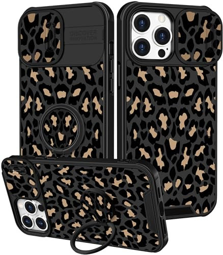 Pegmode (2in1 for iPhone 15 Pro Case for Women Girls Cool Cute Teens Phone Cases Black Animal Design with Slide Camera Cover+Ring Holder Unique Fashion Cool for Apple iPhone 15 Pro Cover 6.1 inch