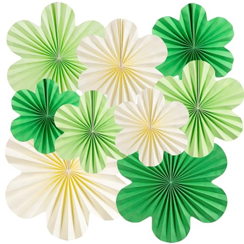 SUNBEAUTY 9 Stück Papier Fächer Dekoration Hanging Girlande Grüne Beige Blumen Papierfächer Party Deko Set für Hochzeit Geburtstag Tischdeko Classroom Baby Shower