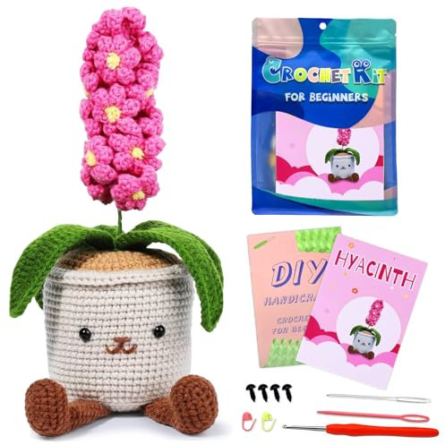 BoloShine Flower Crochet Kits for Beginners, Amigurumi Kit for Starters Adults, DIY Knitting Set with Ergonomic Hooks, Yarns, Needles, Handmade Arts Crafts with Crocheting Book and Video - Hyacinth