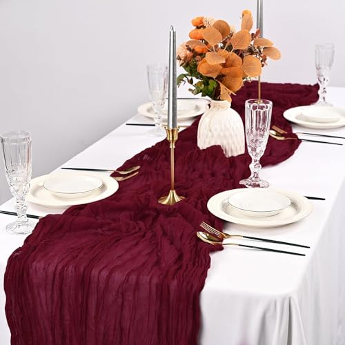2er-Pack burgunderroter Käsetuch-Tischläufer, 90 x 300 cm rustikaler Gaze-Stoff, Boho-Tischläufer für Hochzeit, Babyparty, Geburtstag, Brautparty, Dekoration