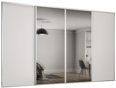 SPACEPRO Heritage Sliding Door Wardrobe with Mirror (BSEN12600) & Panel Doors, 4 Door Mirror Sliding Wardrobe Kit with Modern White Finish Bedroom Storage, Ideal for 2260mm x 2978mm opening