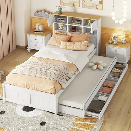 HYUB Kinderbett Flachbett 90 x 200 cm mit Lattenrost, Ausziehbett mit Staufächern, Massivholz Kiefernholz Einzelbett für Kinder und Jugendliche, Weiß