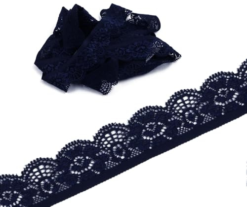 5 Yards Elastizität Spitzenband Spitzenborte, 25mm Spitzenbordüre Spitzenbesatz Dekoband Zierband Borten Bänder zum Nähen,Spitze-Borten für Handwerk Nähzubehör Kleid Hochzeit Unterwäsche, Navy blau