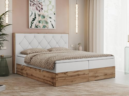 MKS MEBLE Boxspringbett 140x200 cm mit Bettkasten Wotan Eiche, Doppelbett mit Kopfteil, Matratze H3 mit Topper T25, Matratzenaufbau, Polsterbett mit Stauraum - Weiß Kunstleder - Veneto