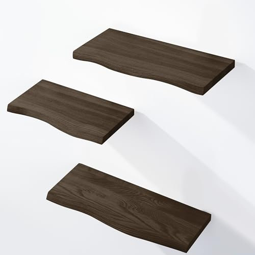 LAMO Manufaktur 3 Stück Wandregal aus Holz mit unsichtbarer Befestigung 40/35/30cm | Wandregal aus 100% echtem Holz | Hängeregal für Wohnzimmer, Wandregale Set 1 Baumkante Farbe: Schwarz