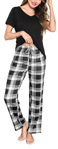 Bresdk Pyjama Femme Ete à Manches Courtes Vêtements de Nuit à Manches Courtes et Bas de Pyjama à Carreaux Enseblems de Pyjama Sexy Chic 2 Pièce Coton