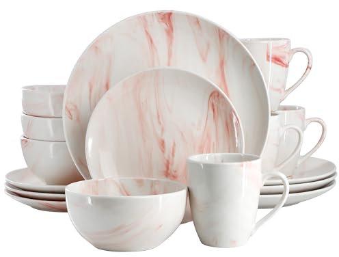 Elama Service de table 16 pièces en porcelaine fine marbré pour 4 personnes (rouge)