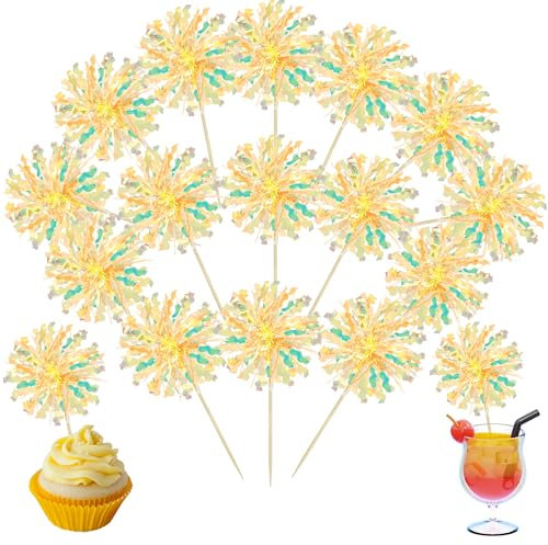 Ephlyn 30Pcs Foil Firework Cupcake Toppers Sparkle Tinsel Drink Birthday Cake Decorations Cocktail Food Fruit Toothpick for New Years Wedding Birthday Party Decorations Yellow