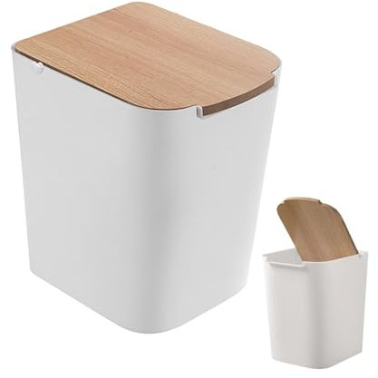 Garbage Swing Lid Bin - Trash Swing Can | Swing Wooden Lid Bin | Modern Bathroom Trash Can | Countertop Trash Can | Small Waste Bin with Wooden Swing Lid Perfect for Bedroom, Bathroom, Kitchen