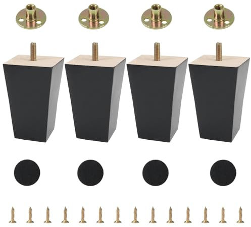 KINDPMA 4PCS Wooden Furniture Legs 10cm Solid Wood Sofa Legs Chair Legs Table Legs Black Furniture Replacement Feet with Mounting Plates Screws Non-Slip Mat for Chair Bed Couch Table TV Cabinet