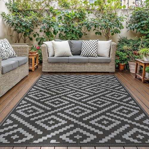 GENlMO Outdoor Teppich Wetterfest 180x275cm Picknickdecke Plastik-Strohhalm Matte UV-bestandig Camping Teppich Waschbarer Outdoor Teppiche fur Garten, Balkon,Pool, Deck, Hinterhof, Schwarz & Grau