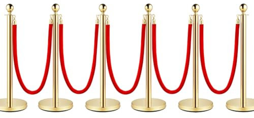 Crowd Control Stanchion, Set with 5 ft/1.5 m Red Velvet Rope, Stanchion Rope Divider, Gold Queue Barrier Line Divider with Fillable Plastic Base, Airport(6)