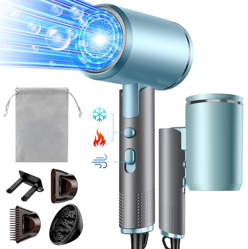Vbrisi Föhn,Fön,2400W Klappbar Ionen Haartrockner, Schnelltrocknen Hair Dryer, Profi Reisefön mit Heiß-/Kalttaste, 3 Heiz,AC Motor Salon Haarföhn mit Diffusor & Aufbewahrungstasche (Grau-blau)