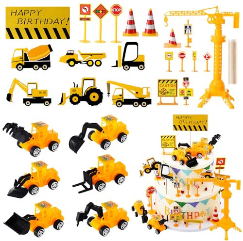 Xialvyu 28 Stück Kuchen Deko Baustelle, Bagger Kuchen Deko, Baufahrzeug Cupcake Topper, Beschilderung Baustelle Spielzeug Kuchen Deko Junge