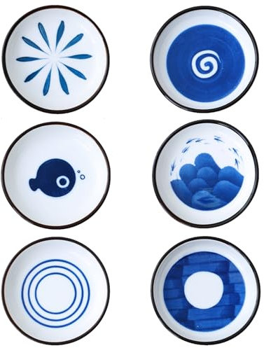Wisebom Ceramic Sauce Dish Set, 6Pcs Sushi Soy Sauce Dishes Round Saucers Dipping Bowls, Small Plates Dessert Dish Snack Bowls for Soy Sauce Seasoning Appetisers (Japanese Style)