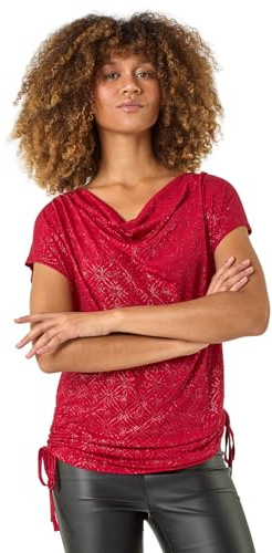 Roman Originals Glitter Cowl Neck Stretch Top for Women UK - Ladies Everyday Autumn Winter Comfy Soft Evening Vacation Work Party Night Out - Red - Size 20