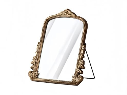 TenFuju Miroir de bureau vintage baroque pour coiffeuse, miroir de table en forme d'arche dorée antique, petit miroir décoratif sur pied pour commode, chambre à coucher, salon, 30 x 24,4 cm