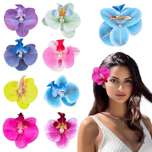 8 Pièces Hawaii Fleur Pince Cheveux Femme, Été Barettes Cheveux Fille, Épingles à cheveux bohémiennes avec orchidée papillon, Pince à Cheveux Fleur Clip pour les vacances, les fêtes sur la plage