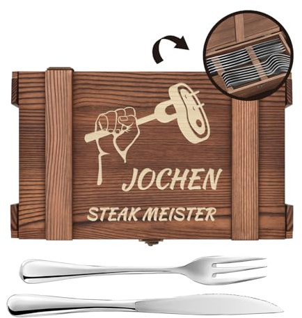 Maverton Steakbesteck 12-teilig - 6 Steakmesser und 6 Steakgabel - Edelstahl Grillbesteck in Holzkiste - personalisierte Geschenke für Männer - Besteck Set für 6 Personen