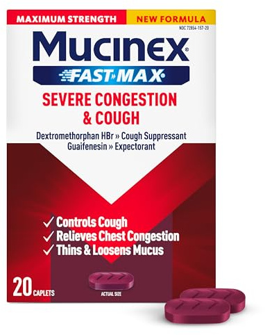Mucinex Fast-Max Severe Congestion & Cough Medicine for Adults, Cough & Bothersome Mucus Relief with Dextromethorphan HBr & Guaifenesin, Cough Suppressant & Expectorant Medicine, 20 Count