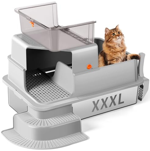 Bartuke Edelstahl Katzenklo, Hohe Seitenwand Metall Katzentoilette mit gefiltertem Gang, Stufe, Schaufel, Nicht klebend, geruchsneutral, einfache Reinigung (Hellgrau)
