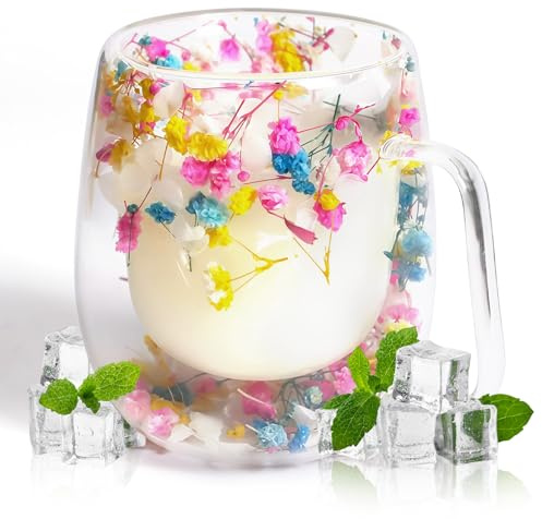 AWSOLAR Dried Flower Double Walled Glass Mugs, 12.3oz Double Coffee Mugs with Flower Mug Gifts for Women Mum Wife Friend