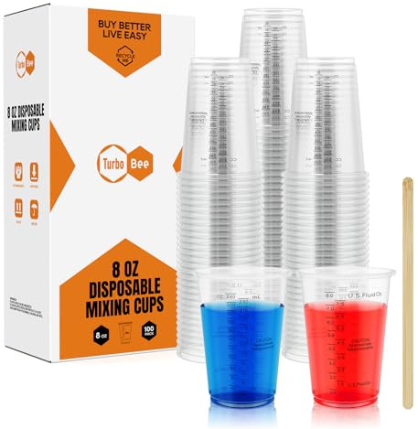 Turbo Bee Plastic Measuring Cups 8OZ,100 PACK Disposable Mixing Cups with 100 Mixing Sticks,Paint Graduated Measuring Tumblers for Epoxy Resin, Paint Mixing, Art DIY